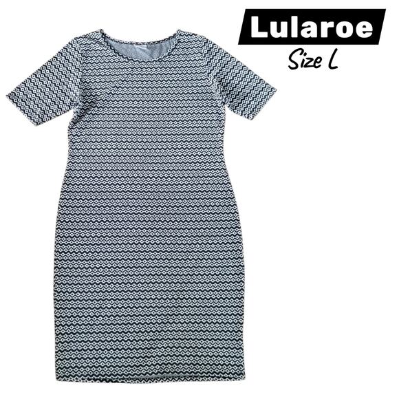 LuLaRoe Fitted Midi Dress Women’s Size L | Geometric Print Black Gray | Stretchy - Picture 12 of 12